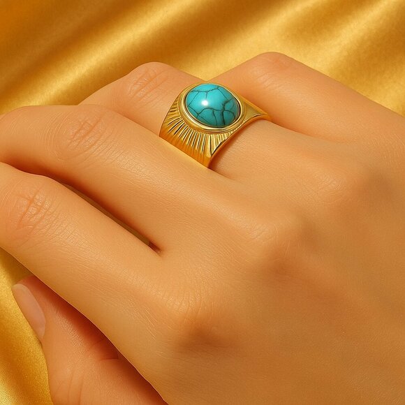 🆕️Sunburst Boho Chic 14K Gold Plated Adjustable Turquoise Statement Ring 🌞💙 - Picture 7 of 11